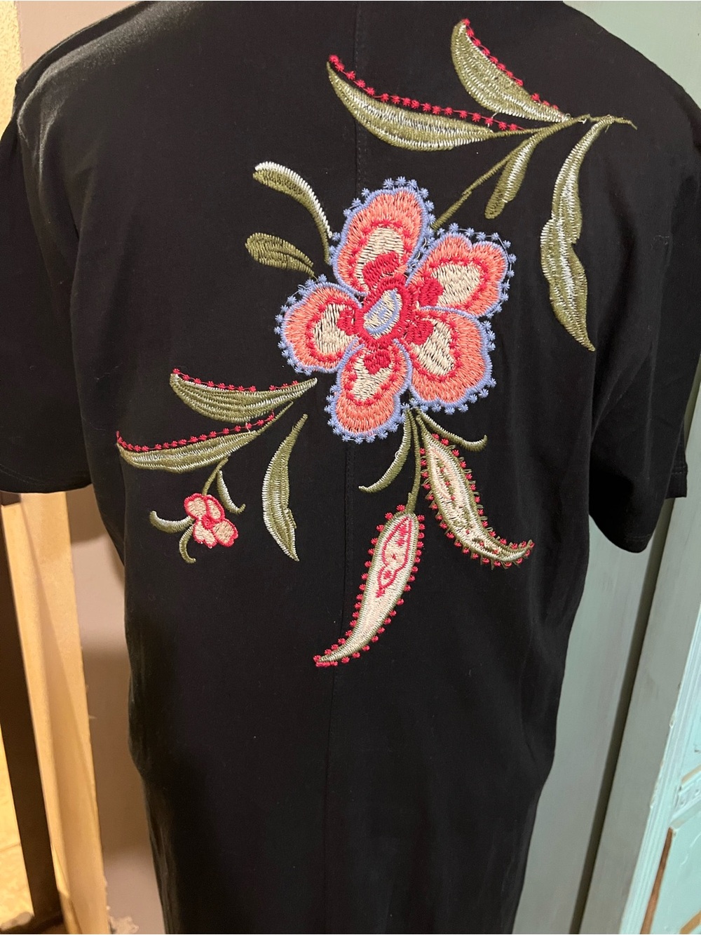 Johnny Was Libbi Trapunto Embroidered Midi T-Shirt Cotton Dress Black Sz Medium - Picture 9 of 11